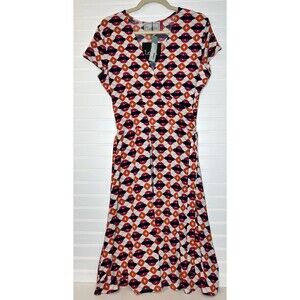 Leota Compass Rose Nico Printed Faux Wrap Short Sleeve Dress XL Orange Hot Pink